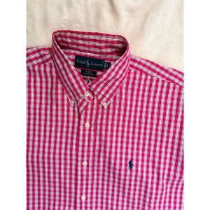 Ralph Lauren Shirt Men's Large Pink White Gingham Check Pony Short Sleeve